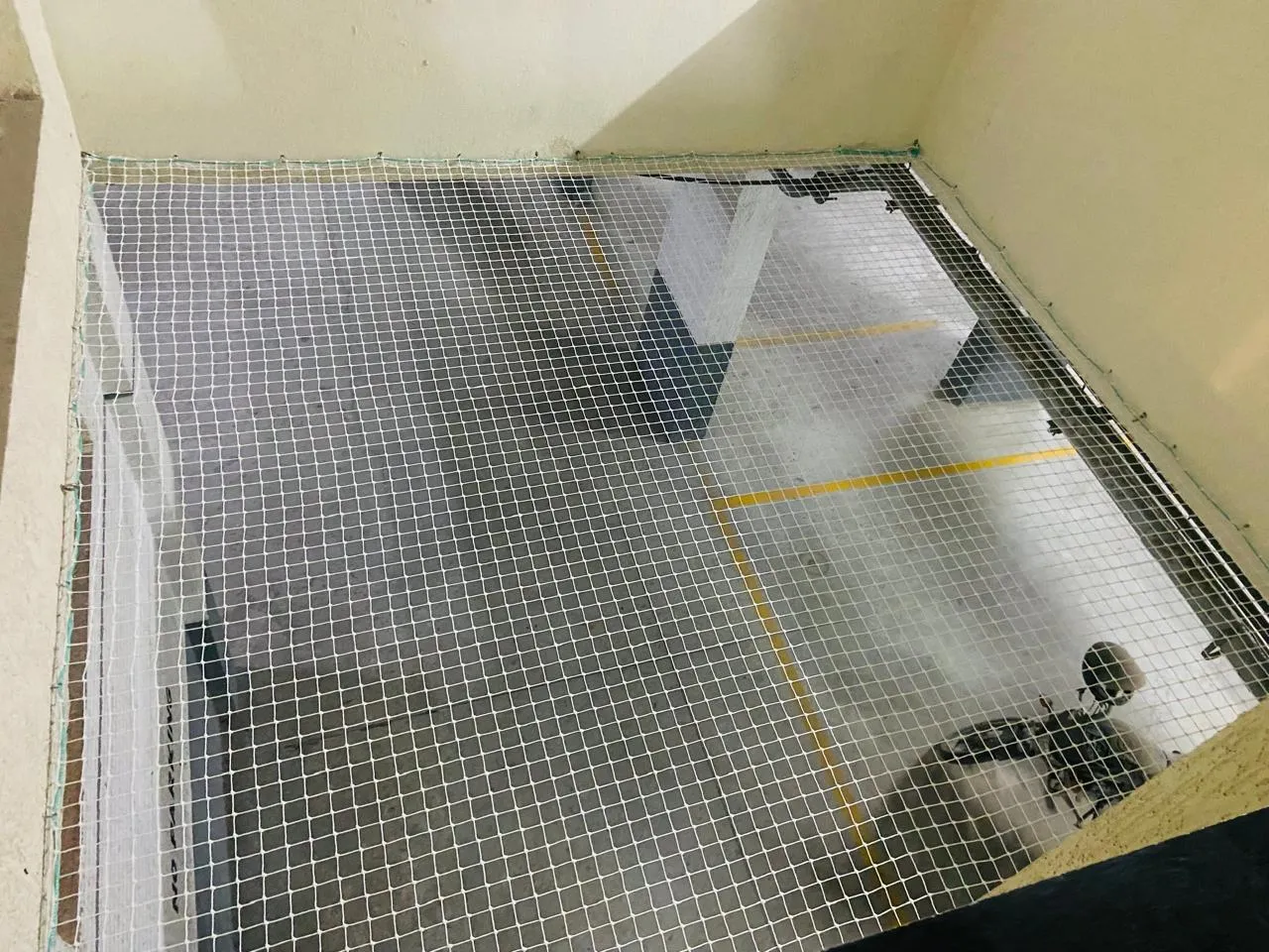 Bird net fitted across an open shaft above a building parking area