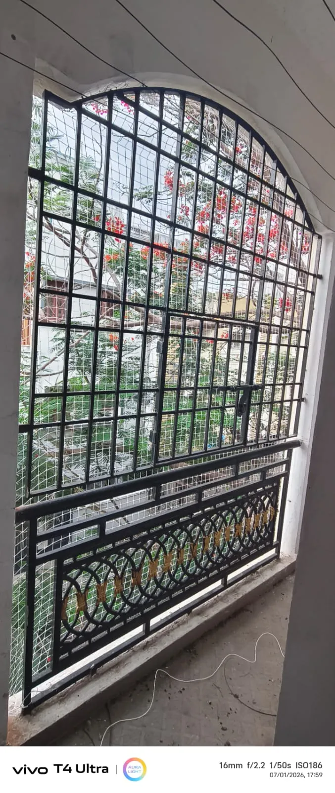 Bird net fitted behind a decorative window grill in an older Bangalore home